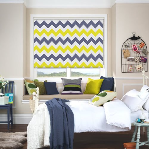 yellow grey zig zag patterned blackout roller blinds