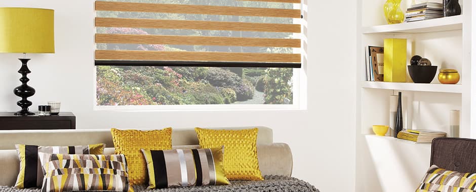 golden brown day and night blinds in living room