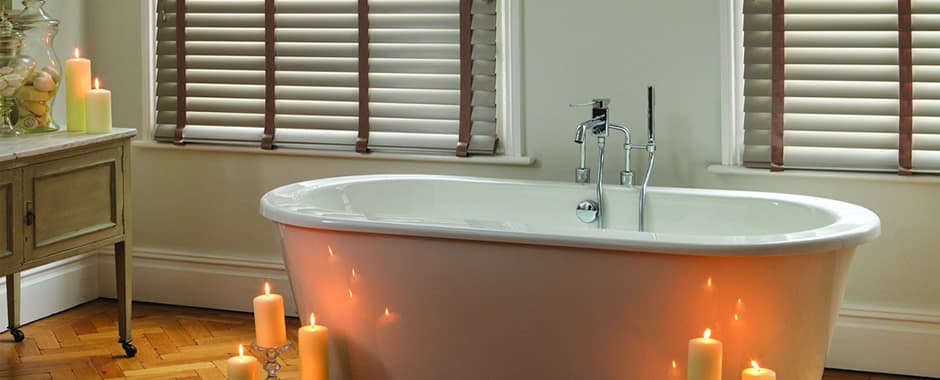 Waterproof faux wood blinds in bathroom