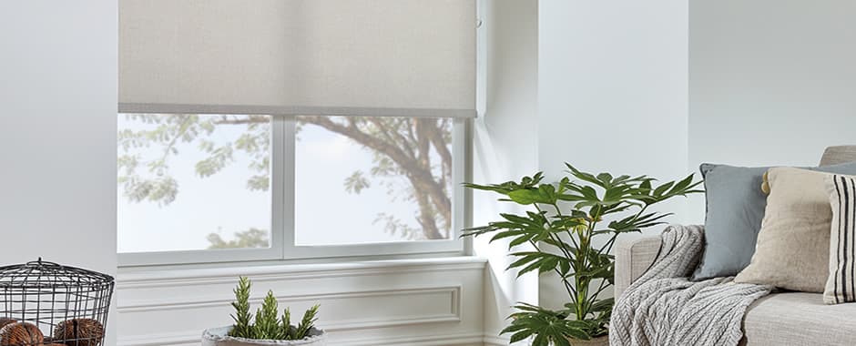 Plain mushroom beige roller blind in living room