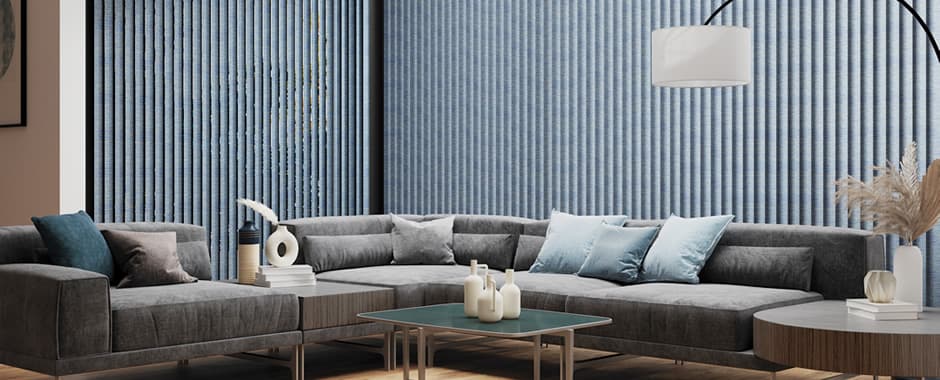 Luxury blue patio door vertical blinds in modern living room