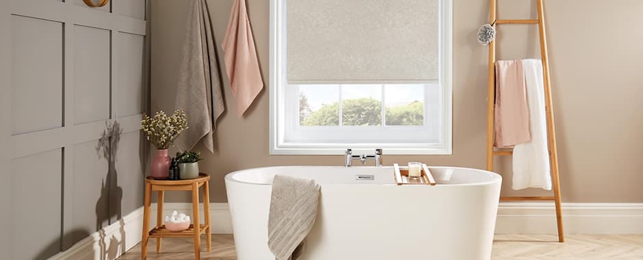 Beige and silver PVC waterproof roller blinds in bathroom