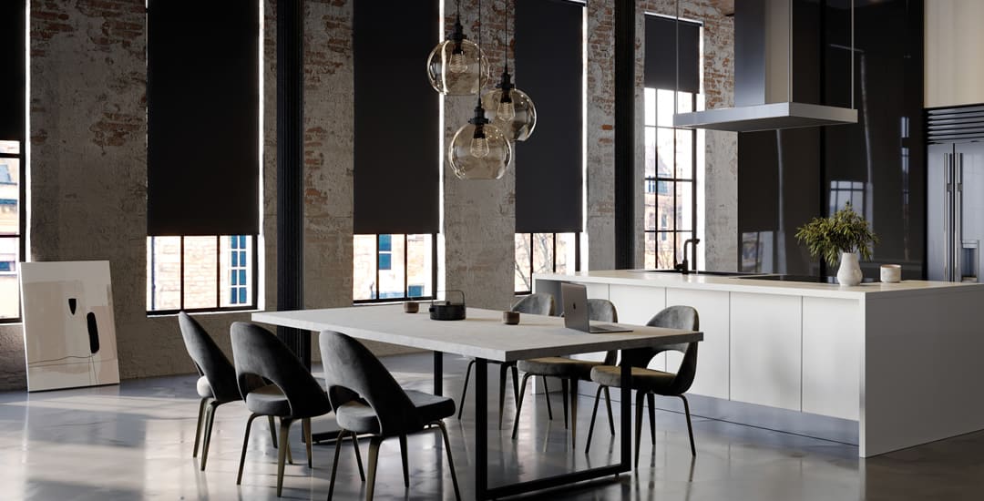 Black roller blinds in contemporary minimalistic kitchen