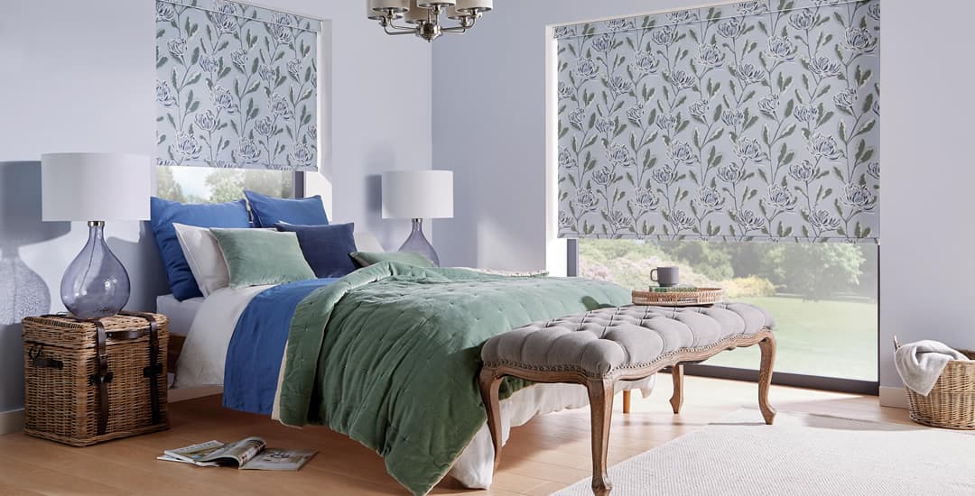 Blue chrysanthemum floral patterned roller blinds in bedroom