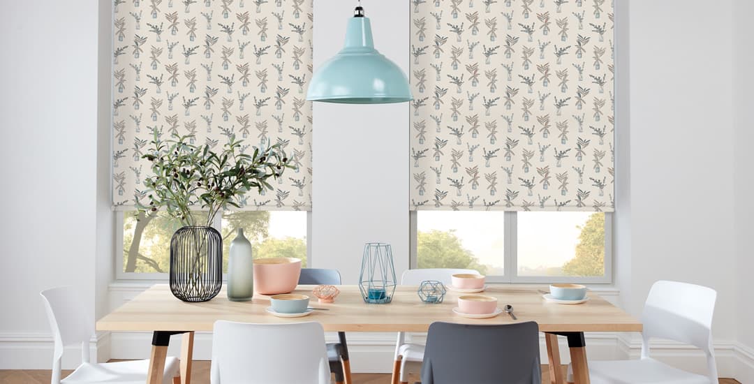 Beige flowers and leaves in vases floral patterned roller blinds