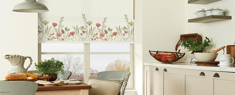 Wildflowers border patterned roller blinds in cream