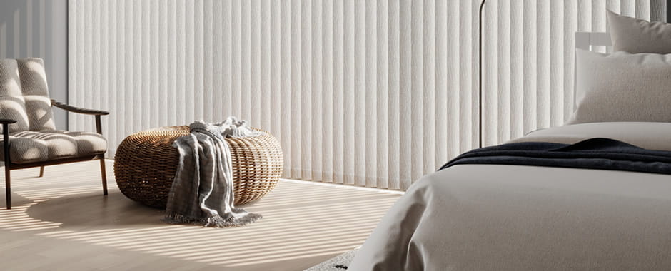 Luxury cream textured vertical blinds in bedroom