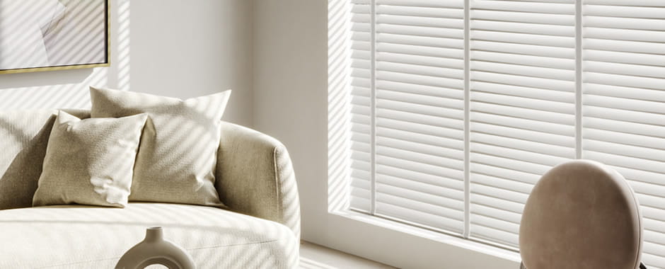 Luxury off white wooden blinds with tapes in living room