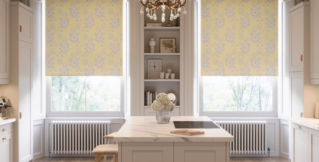 Yellow floral roller blinds in a luxury kitchen