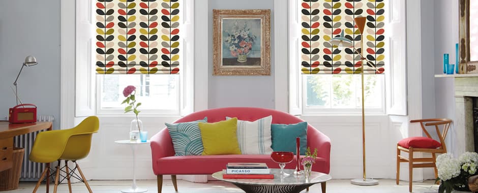 1960’s inspired living room with Orla Kiely roman blinds