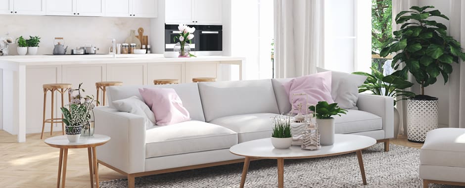 Beautiful white open plan kitchen sitting room