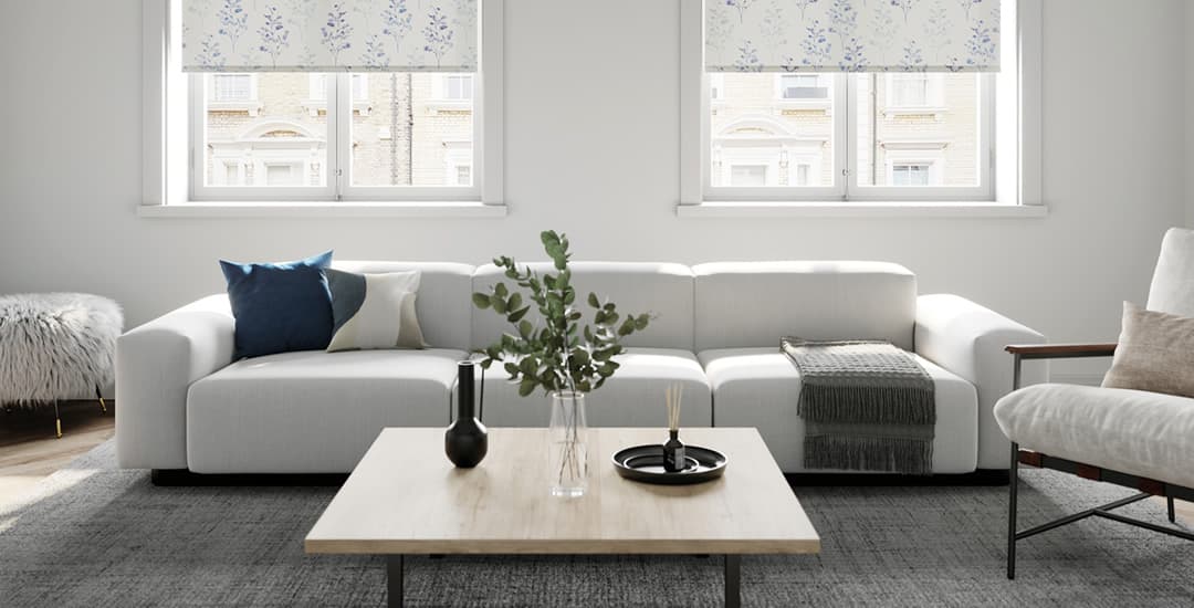 Luxury white modern living room with floral roller blinds