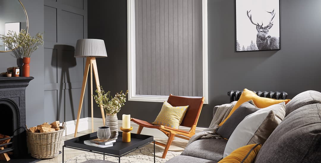 Silver vertical blinds in luxury living room