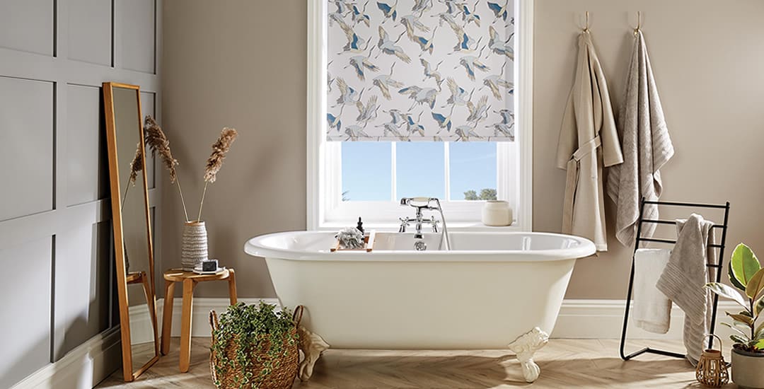 Heron patterned roller blinds in bathroom