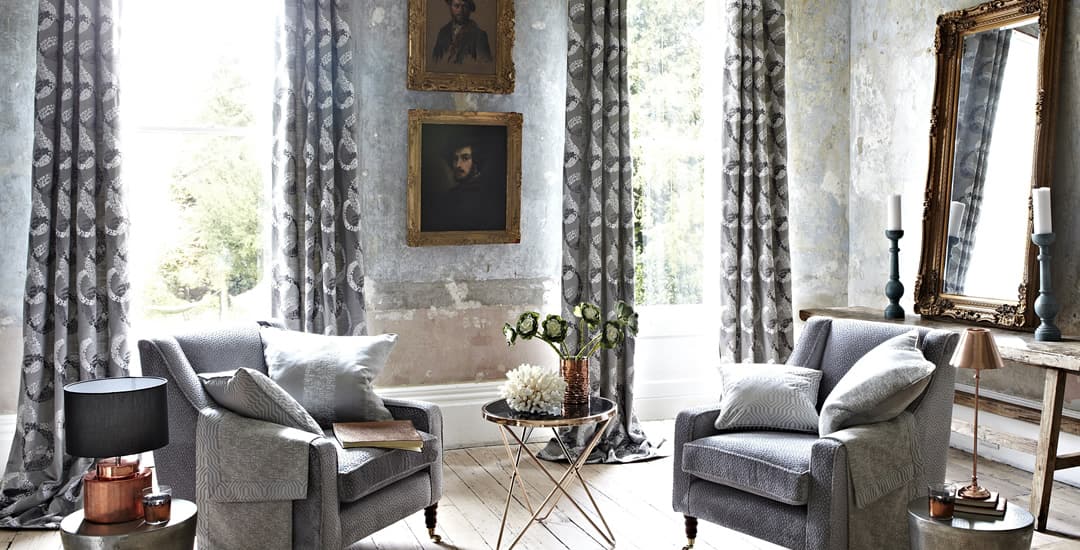 Luxury grey patterned curtains in traditional sitting room