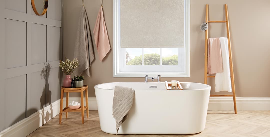 Beige silver PVC waterproof roller blinds in bathroom