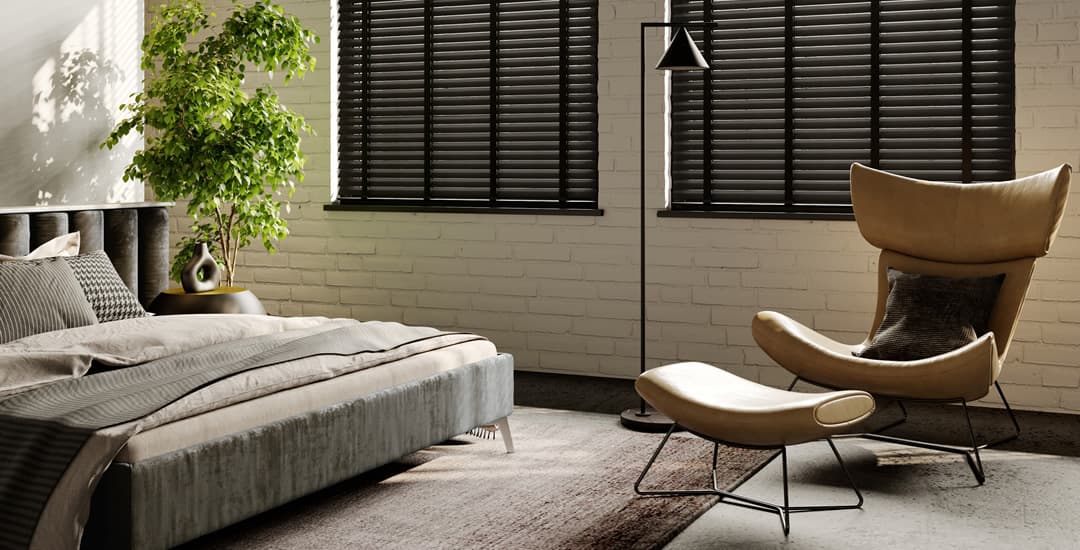 Luxurious dark real wood blinds in contemporary bedroom