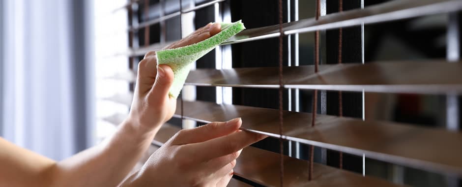 Woman wiping clean wooden blinds