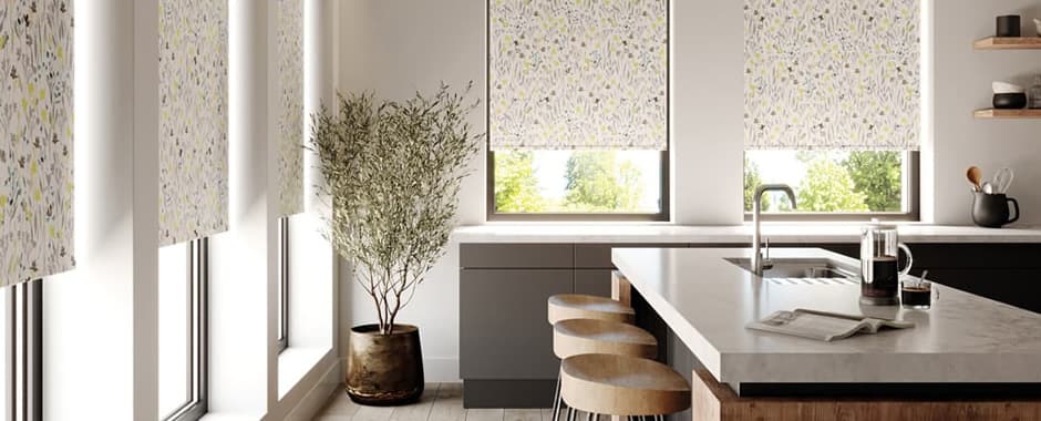 Textured floral roller blinds in luxurious contemporary kitchen