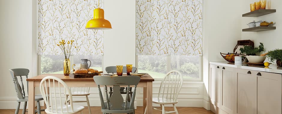 Willow patterned blackout roller blind in kitchen diner