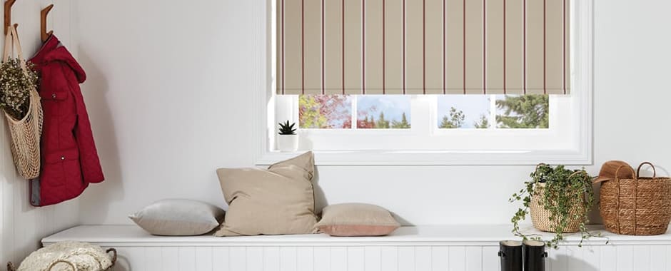 Beige and red vertical striped blackout roller blinds