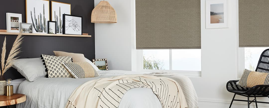 Brown textured blackout blinds in cosy bedroom