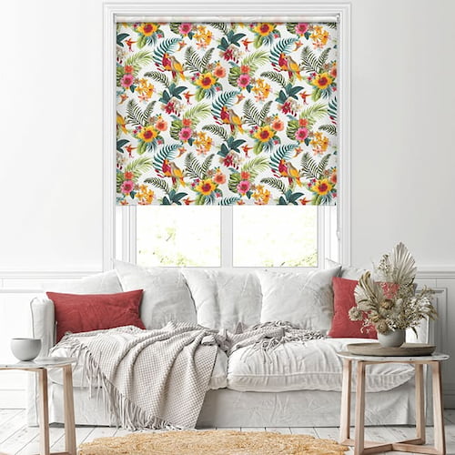 Guadeloupe glow tropical flowers parrots patterned roller blinds