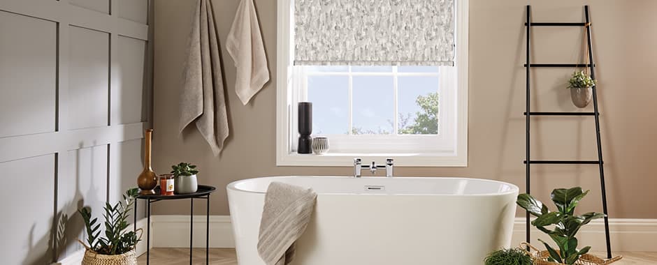 Luxury beige and grey patterned PVC roller blind in bathroom