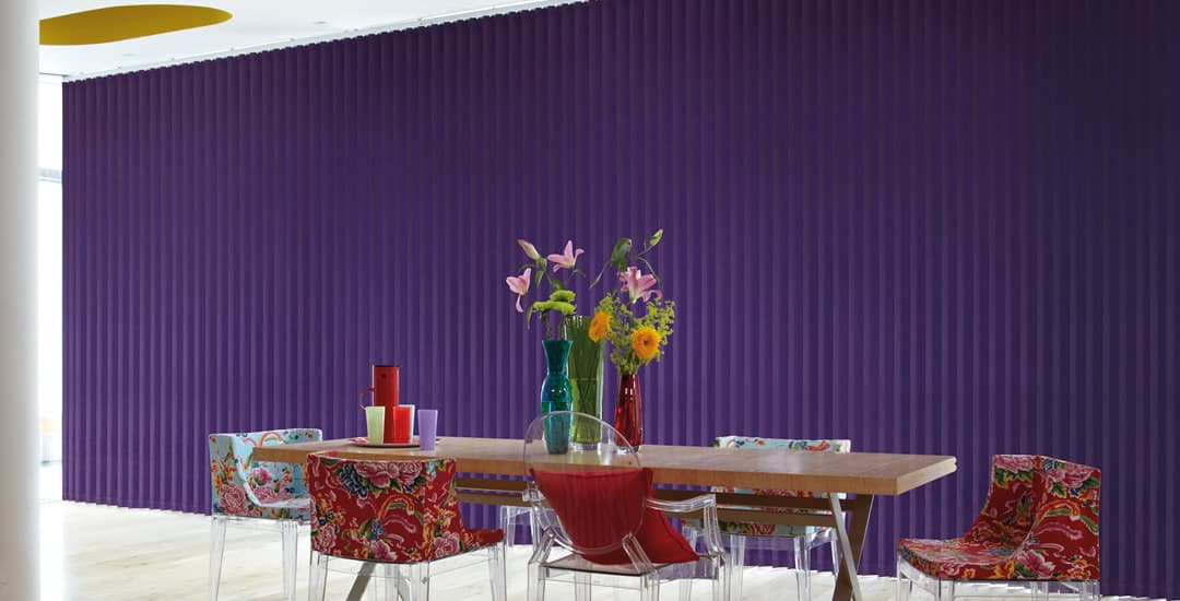 Purple patio vertical blinds in large dining room