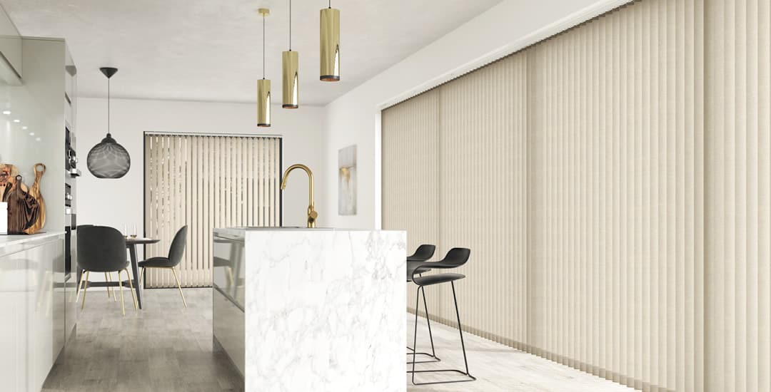 Modern kitchen with large vinyl vertical blinds on patio