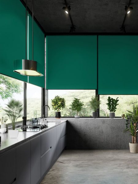 The Top 10 Kitchen Blinds Ideas That You Haven T Already Heard 10   Lush Green Roller Blinds In Ultra Modern Kitchen With Lots Of Plants 450x600 