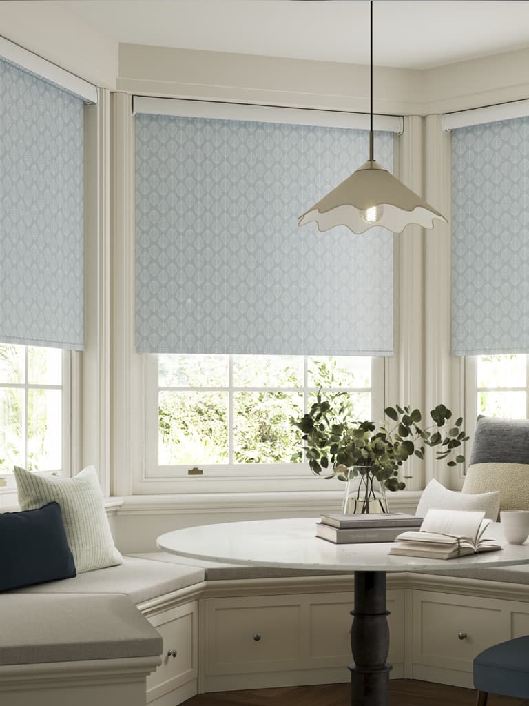 Modern blue leaf patterned waterproof kitchen roller blinds