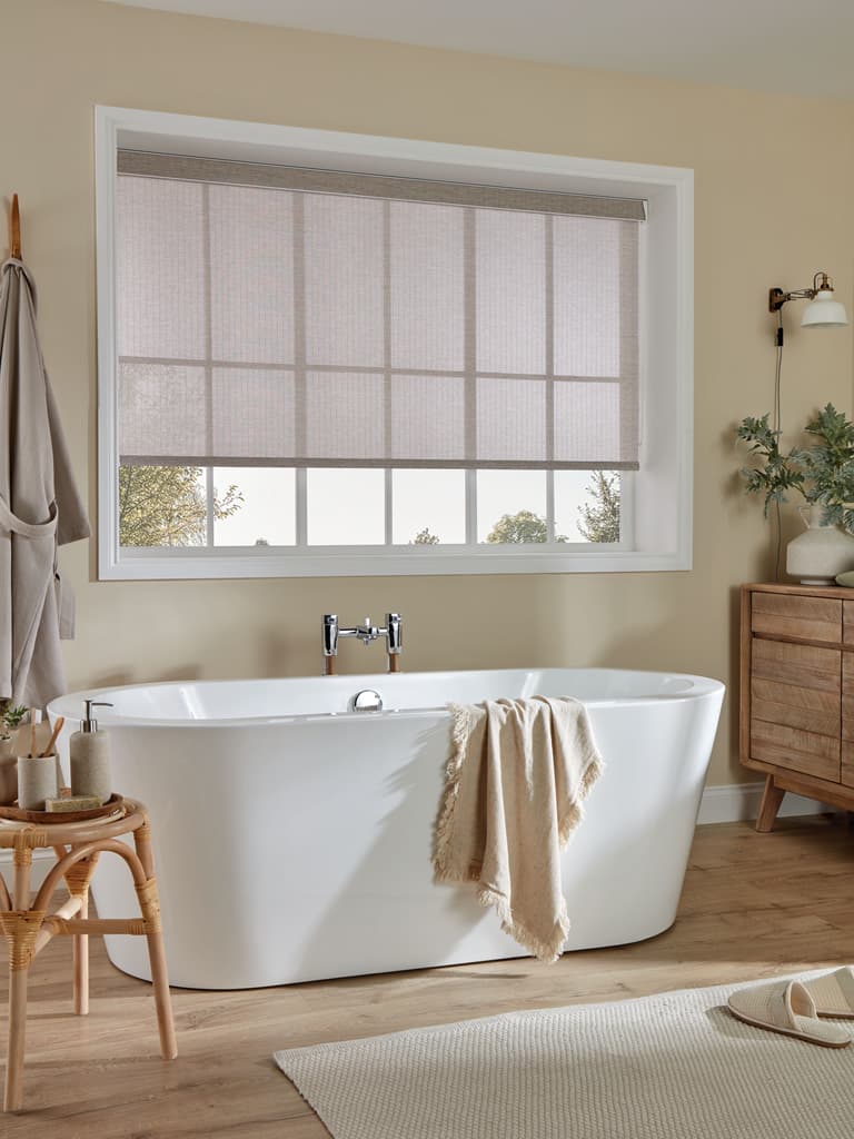 Classically styled vintage bathroom with mushroom roller blinds