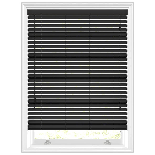 50mm Midnight Black Faux Wood Blinds Open Wide 4215 