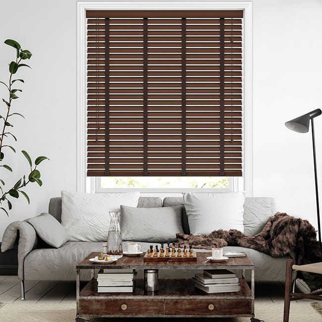 50mm Walnut Faux Wood Blinds with Coffee Tapes