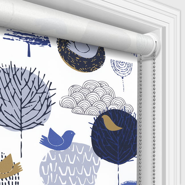 Scandi Birds, Flowers & Trees Patterned Roller Blinds in Blue & White