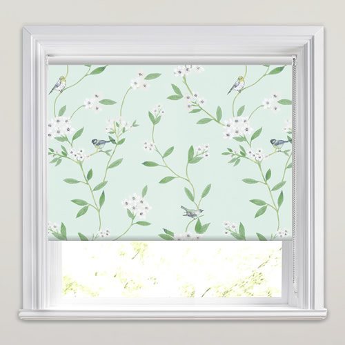 Flowers & Birds Patterned Blackout Roller Blinds in Mint Green