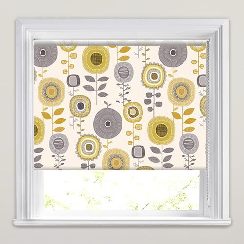 Retro Yellow & Grey Abstract Flowers Patterned Roller Blinds