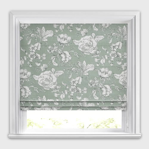 Puente Willow Green & White Hand-Inked Flowers Patterned Roman Blinds