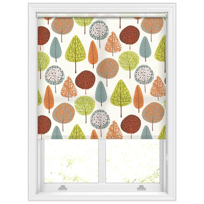 Scandi Trees Patterned Roller Blinds in Orange, Blue, Brown & Lime