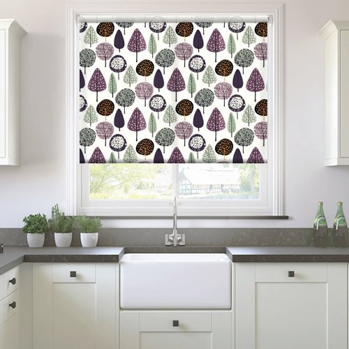 Trees Patterned Roller Blinds in Purple, Lilac, Mint Green & White